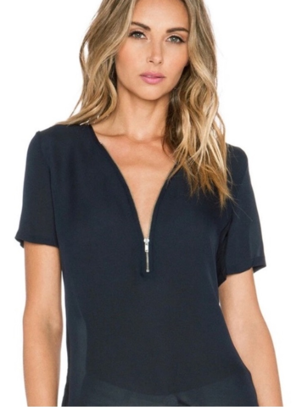 The Kooples Sport Silk Front VNeck Short Sleeve Zip Front Navy Blue Top XS